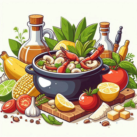 Illustration of a bowl of soup with shrimps and vegetablesのイラスト素材