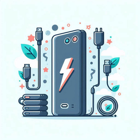 Smartphone with power cable and electric plug. Flat vector illustration.のイラスト素材