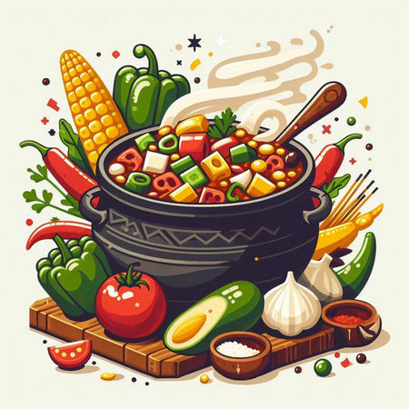 Vegetable stew in a pot. Vector illustration on a white background.のイラスト素材