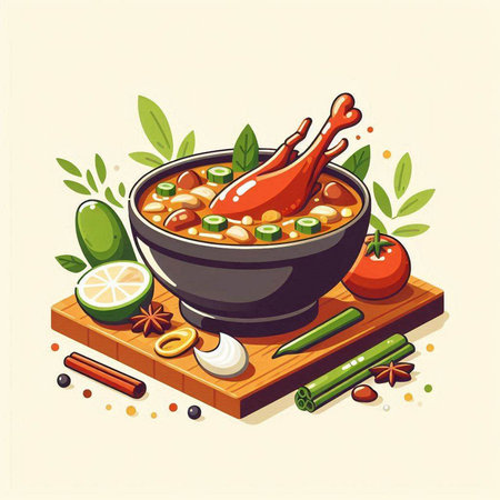 Chickpea soup with chicken and vegetables. Vector illustration.のイラスト素材