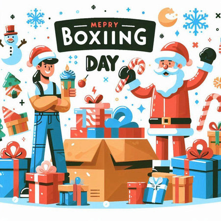 Boxing day poster with Santa Claus and gifts. Vector illustration.のイラスト素材