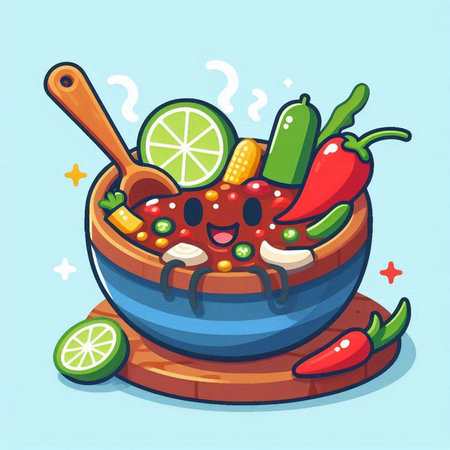 Cartoon Illustration of Spicy Mexican Food Bowl with Chili and Limeのイラスト素材
