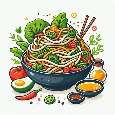Noodles with vegetables and herbs in a bowl. Vector illustration.のイラスト素材