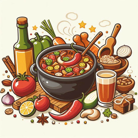 Illustration of a bowl of spicy chili soup with ingredients around itのイラスト素材