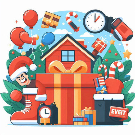 Christmas and New Year vector illustration with Santa Claus, house, gifts, clock, snowflakes, Christmas tree.のイラスト素材
