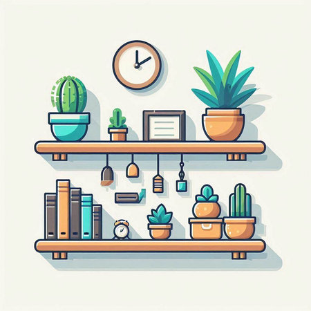Flat design modern vector illustration of bookshelves with succulents, books and clocks.のイラスト素材