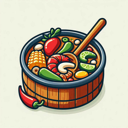 Illustration of a bowl of soup with vegetables. Vector illustration.のイラスト素材