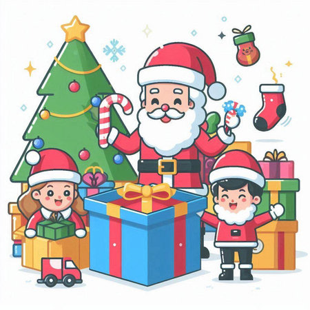Santa Claus and children with Christmas gifts. Vector illustration in cartoon style.のイラスト素材
