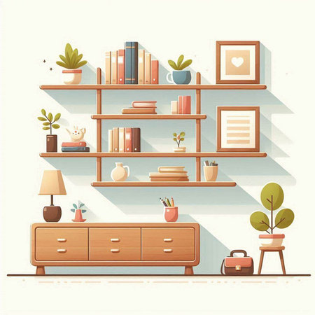 Bookshelf with books and plants. Vector illustration in flat styleのイラスト素材