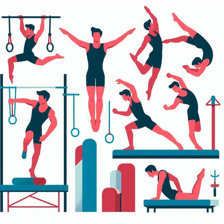 Vector illustration of a group of people doing gymnastic exercises in gymのイラスト素材