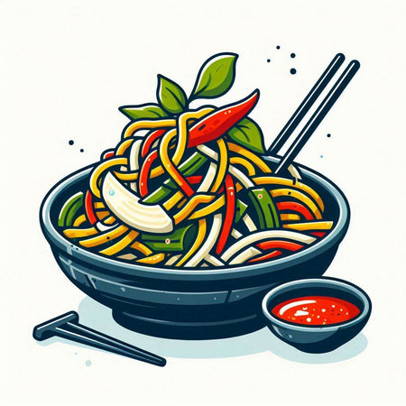 Illustration of asian noodle in bowl with chopsticks and tomato sauceのイラスト素材