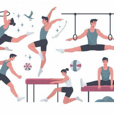 Set of vector flat illustrations of sporty people doing exercises on gymnastic rings.のイラスト素材