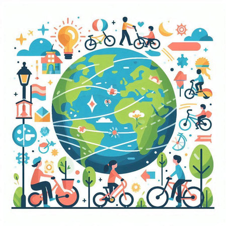 Vector illustration with people riding bicycles around the world. Ecological concept.のイラスト素材