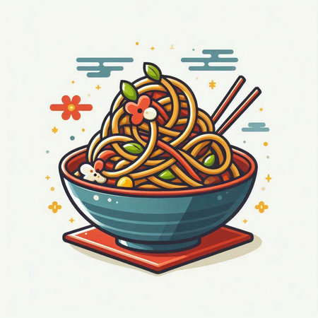 Bowl of spaghetti with chopsticks. Vector illustration in flat style.のイラスト素材