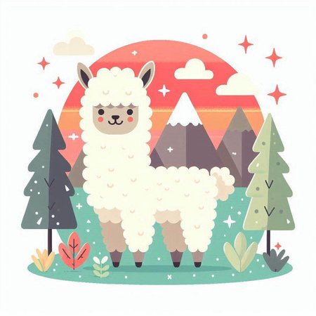 Cute cartoon alpaca on the background of the mountains. Vector illustration.のイラスト素材