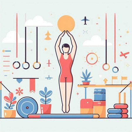Vector illustration of a woman doing yoga in the gym. Flat style.のイラスト素材