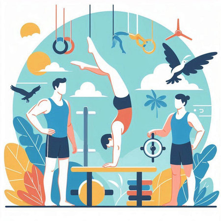 Vector illustration of man and woman doing sport exercises. Flat style.のイラスト素材