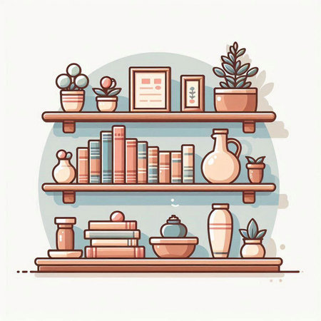Bookshelf with books and ceramic vases. Vector illustration.のイラスト素材