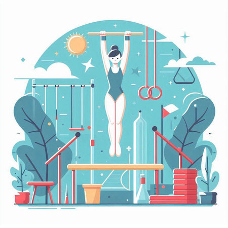 Gymnast girl doing pull-ups in the park. Flat vector illustration.のイラスト素材