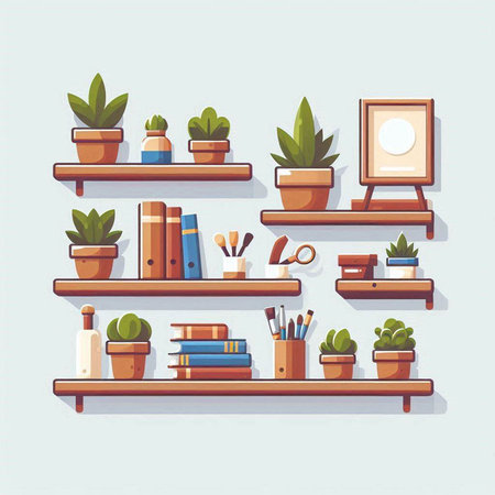 Vector illustration of a shelf with books, plants and accessories in flat styleのイラスト素材