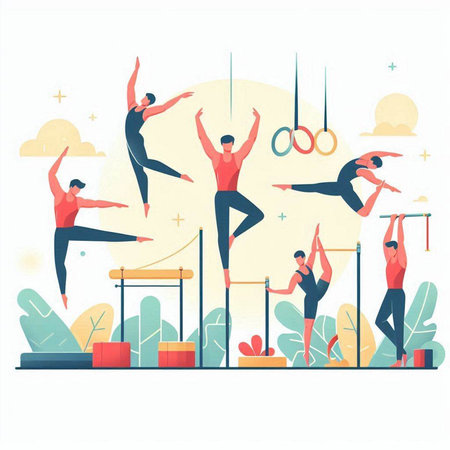 Group of people practicing acrobatic elements. Gymnastics, gymnastics, fitness concept. Vector illustration in flat styleのイラスト素材