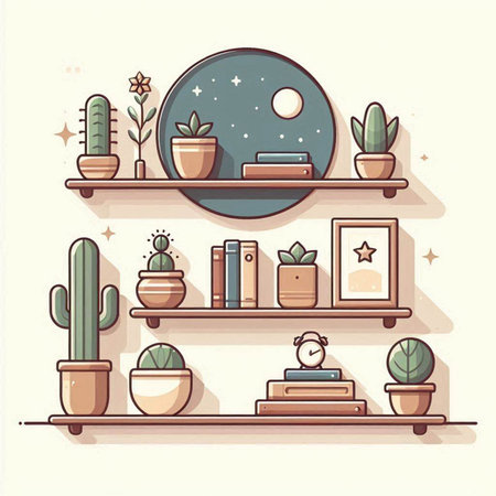 Shelves with cacti and succulents. Vector illustration.のイラスト素材