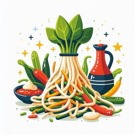 Spaghetti with vegetables and sauce. Vector illustration in flat style.のイラスト素材