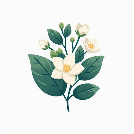 Jasmine flowers and leaves on white background. Vector illustration.のイラスト素材