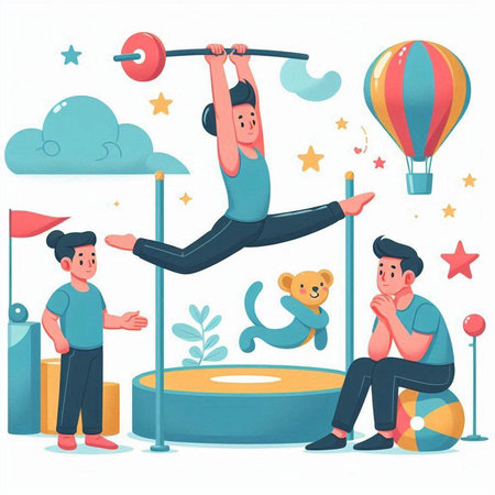 Boy and girl doing exercises in the park. Flat vector illustration.のイラスト素材