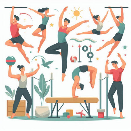Sporty man and woman doing gymnastic exercises. Flat vector illustration.のイラスト素材