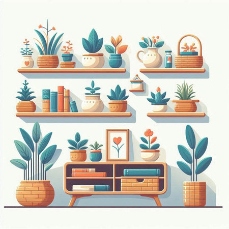 Flowers in pots on bookshelf. Flat style vector illustration.のイラスト素材