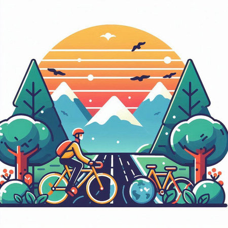 Cyclist riding bicycle on the road in the mountains, vector illustrationのイラスト素材