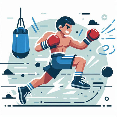 Boxing vector illustration in flat style. Boxer training with punching bag.のイラスト素材