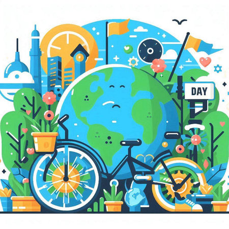 Vector illustration of bicycle with world map in flat style on white background.のイラスト素材