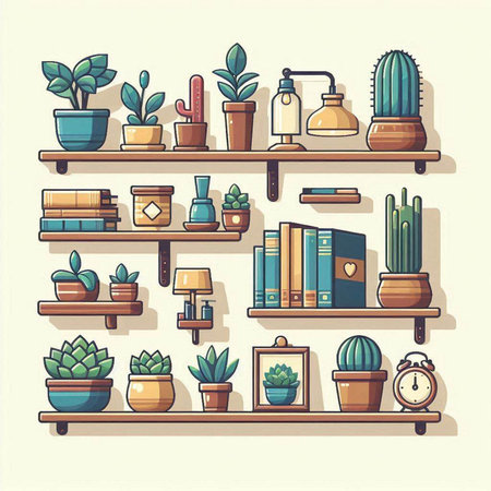 Bookshelves with succulents and plants. Vector illustration.のイラスト素材