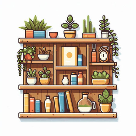 Shelves with house plants. Vector illustration in cartoon style.のイラスト素材