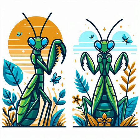 Praying mantis in the garden. Vector illustration in cartoon style.のイラスト素材