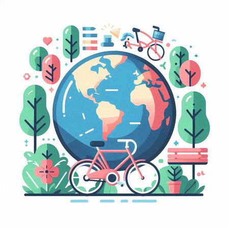 Flat design vector illustration concept of travel around the world with bicycle and globe.のイラスト素材