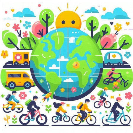 Vector flat illustration of world map with people on bicycles and cars.のイラスト素材