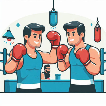 Vector illustration of two men in boxing gloves fighting at the gym.のイラスト素材