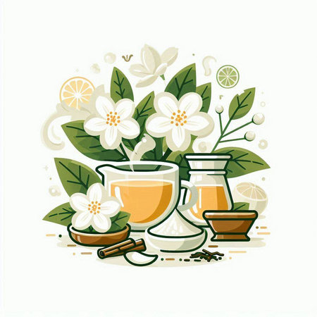 Cup of tea with jasmine flowers and leaves. Vector illustration.のイラスト素材
