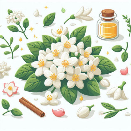 Jasmine essential oil and jasmine flowers. Vector illustration.のイラスト素材