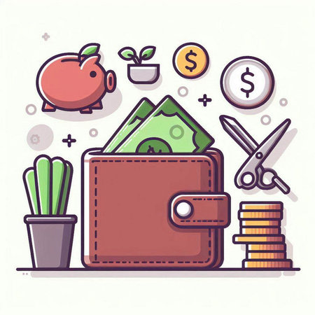 Vector illustration of a purse with money, piggy bank, scissors, coins and succulents.のイラスト素材