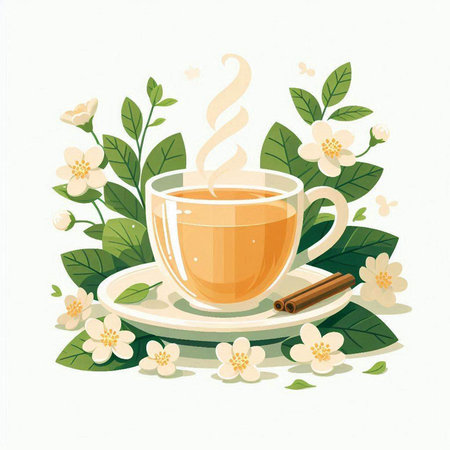 Cup of tea with jasmine flowers. Vector illustration.のイラスト素材