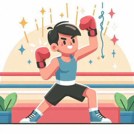Cartoon boxer training in boxing ring. Vector illustration in flat styleのイラスト素材