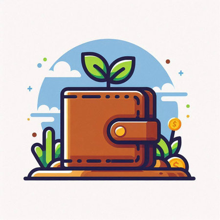Vector illustration of wallet with coins and plant. Line art design for web, site, advertising, banner, poster, board and print.のイラスト素材