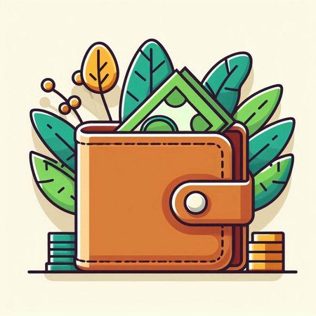 Wallet with money and leaves. Vector illustration in a flat style.のイラスト素材