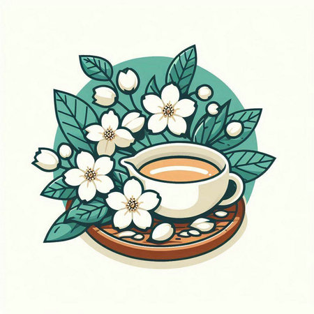 Cup of tea with jasmine flowers. Vector illustration.のイラスト素材