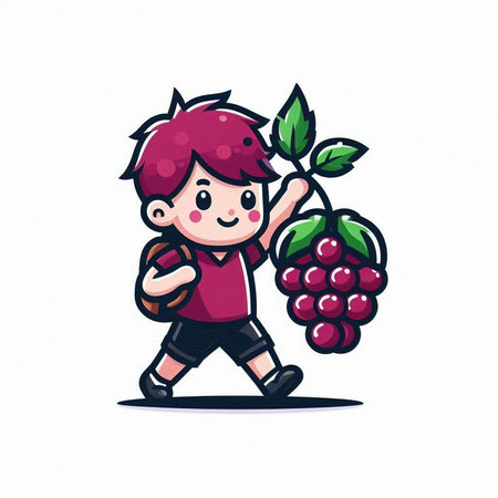 Cute little boy carrying bunch of grapes. Vector cartoon illustration.のイラスト素材