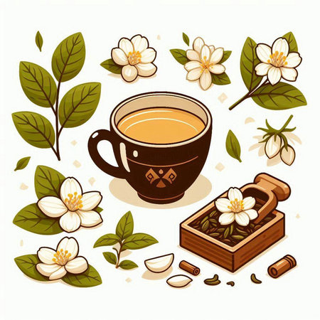 Cup of tea and jasmine flowers. Vector illustration.のイラスト素材
